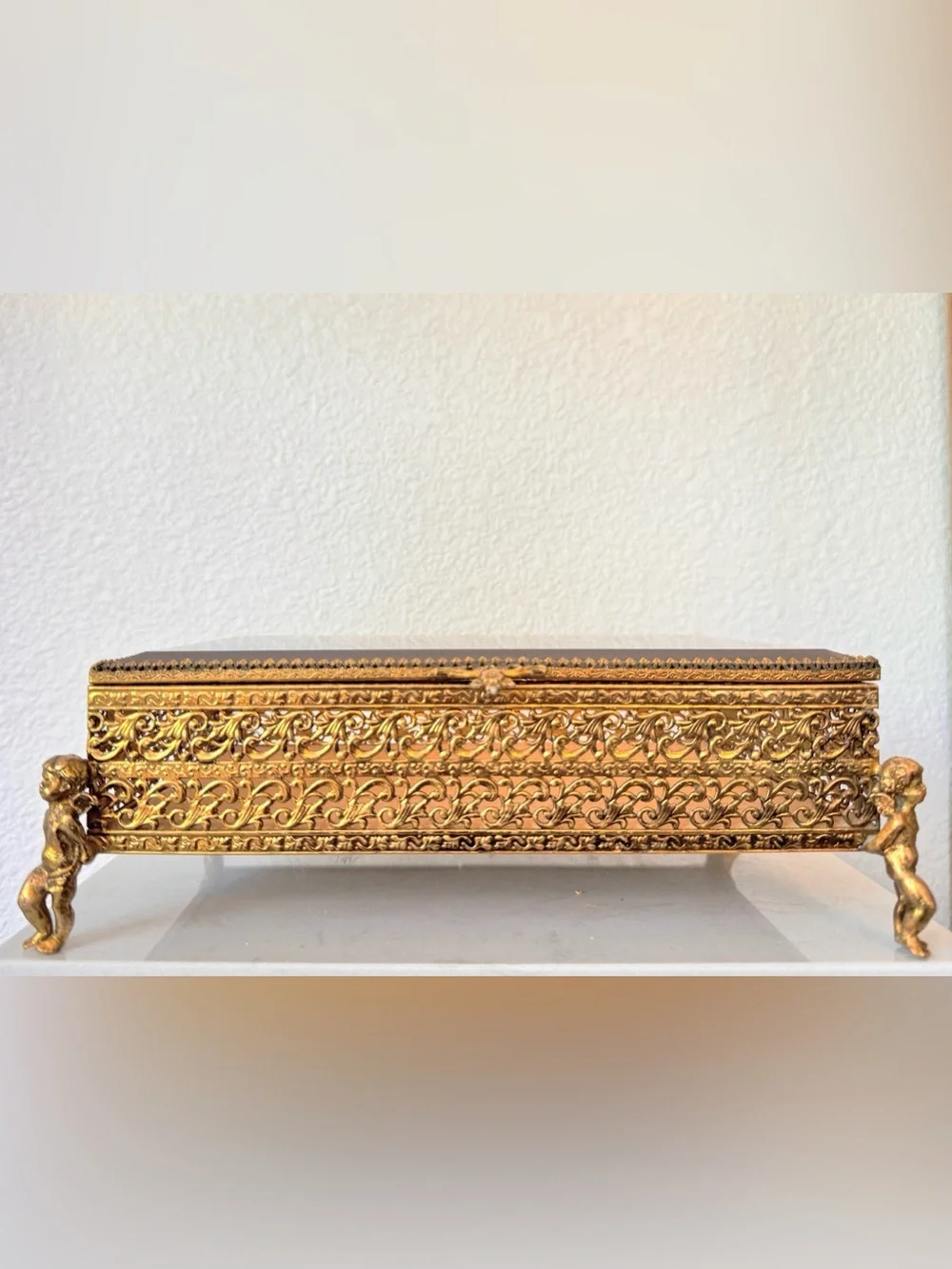 Vintage Ormolu Filigree Beveled Glass Jewelry Box with Cherub Feet - Picture 1 of 9